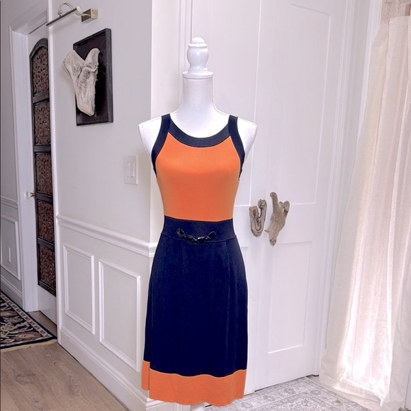Luisa Spagnoli Womens Knit Colorblock Dress Size S Orange Navy Quiet Luxury Chic - Picture 1 of 14